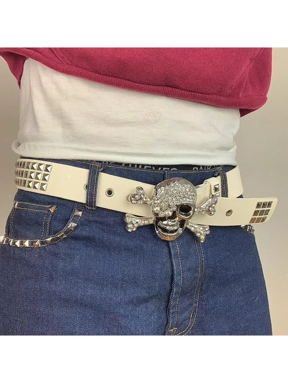 Vintage y2k 2000s Punk Style Diamond Studded Skeleton white essential belt